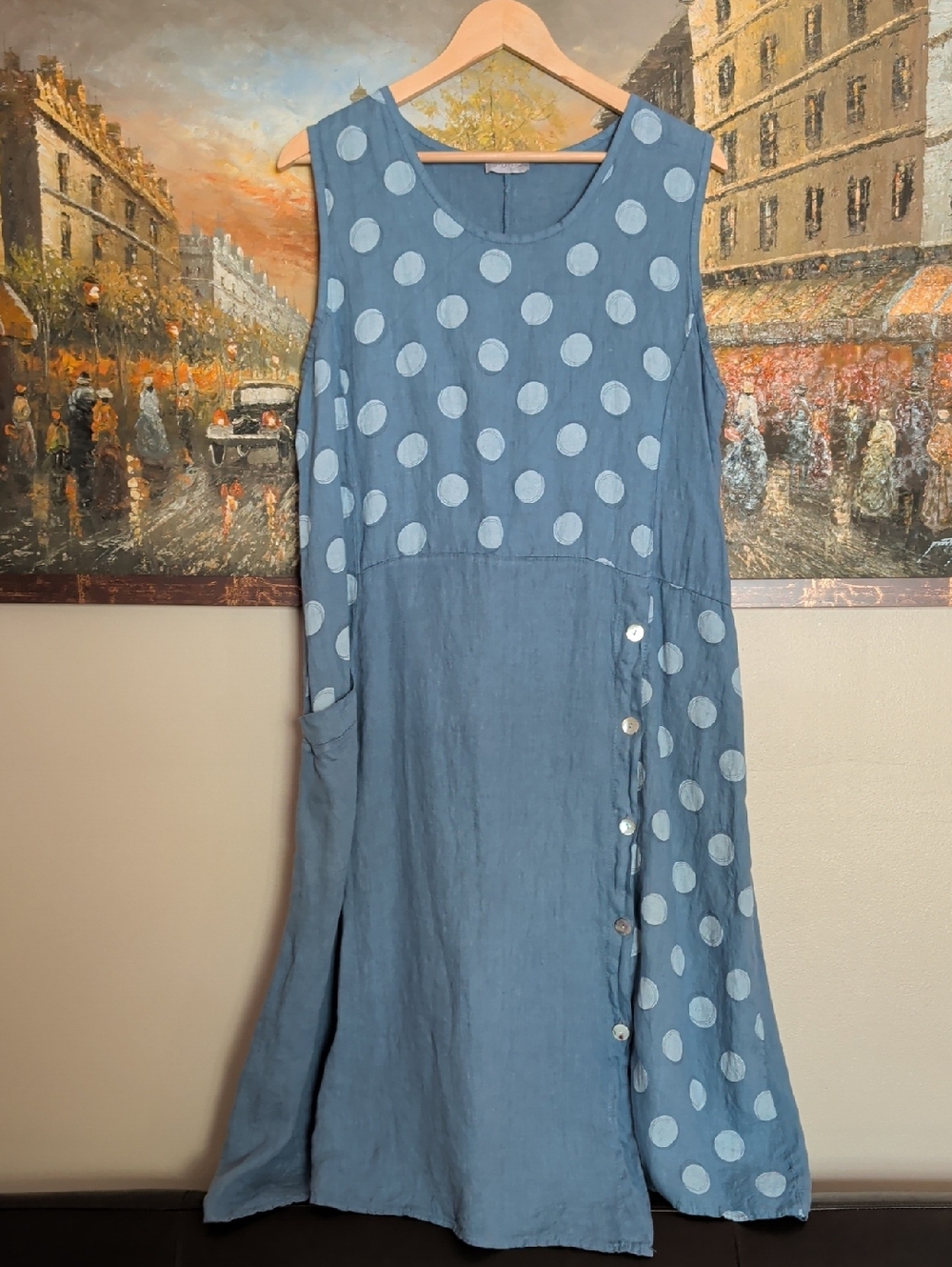 Pure Venice Blue Polka Dot Sleeveless Linen Dress Made in Italy